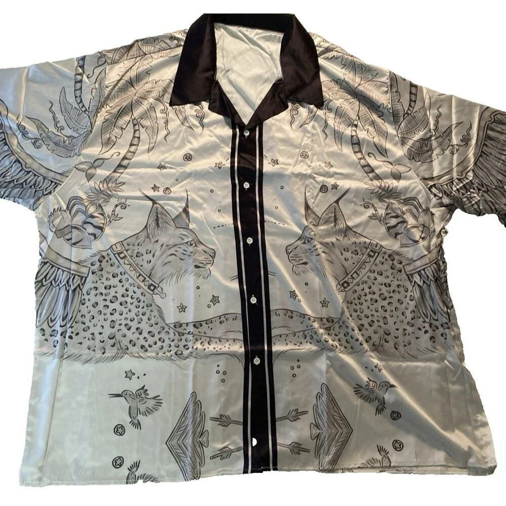 Custom Made Silk Like Lounge Shirt Size 5XL Geometric Design White/Black Classic - Picture 1 of 7